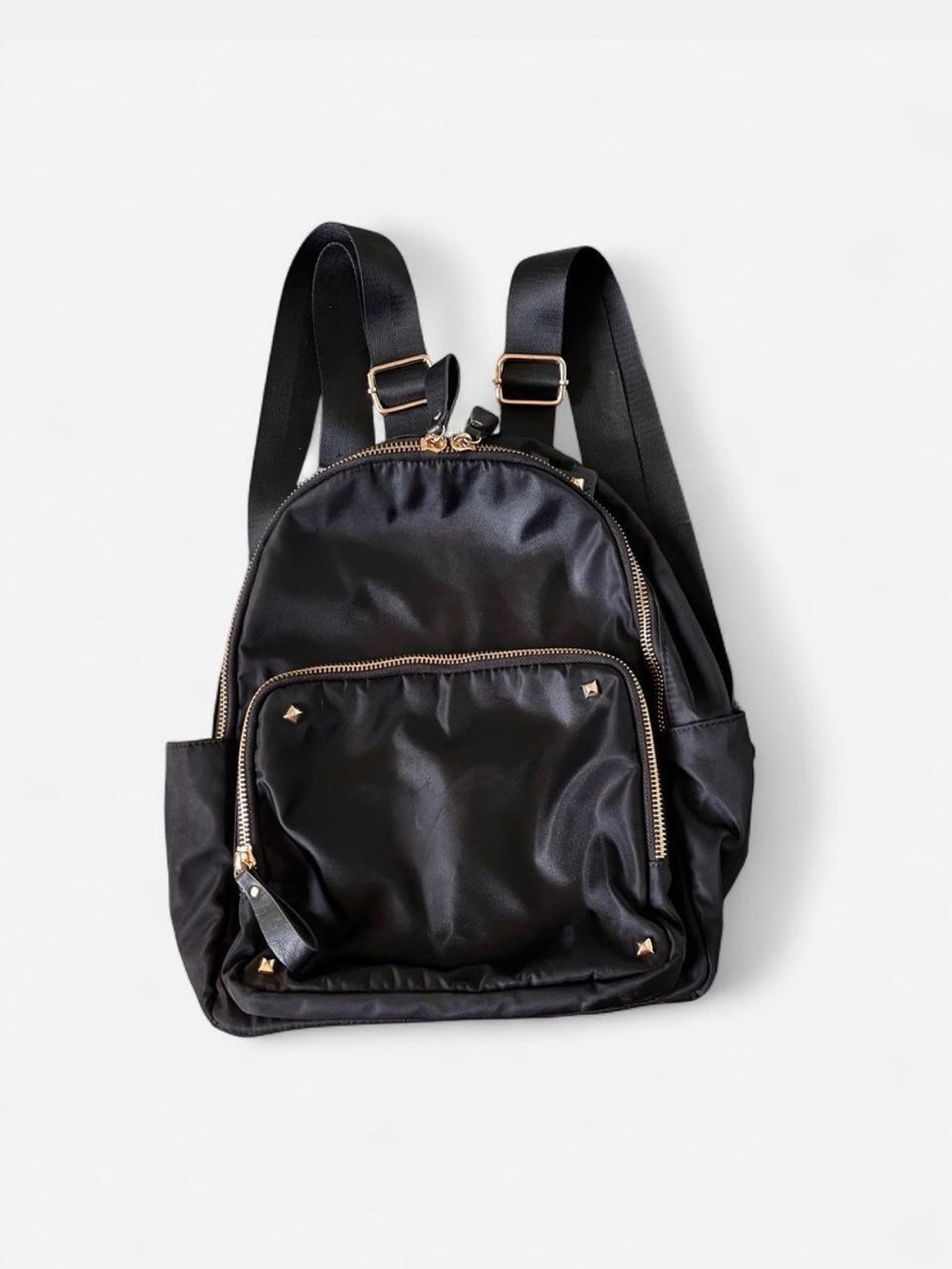 MMS Design Studio Black Nylon Backpack with Gold Accents